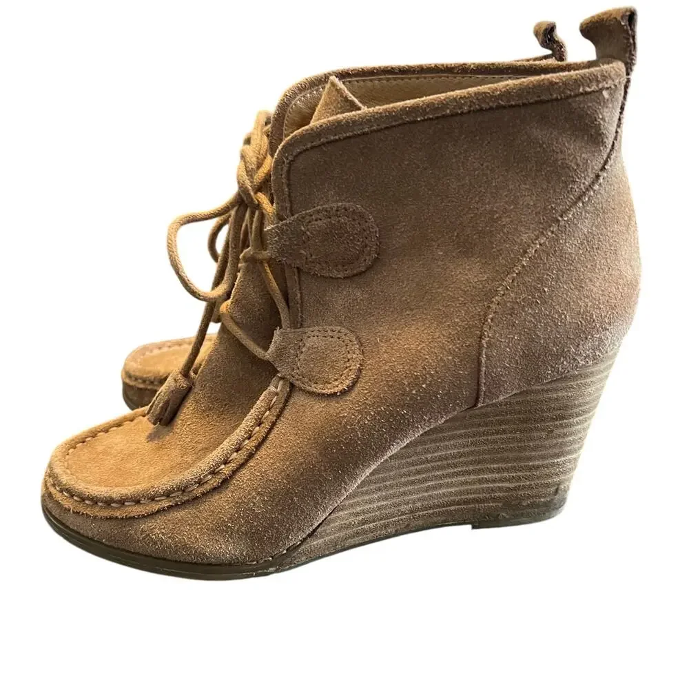 Lucky Brand Booties  LP Yaney Leather Suede Ankle Wedge Size 7.5M Camel Retro